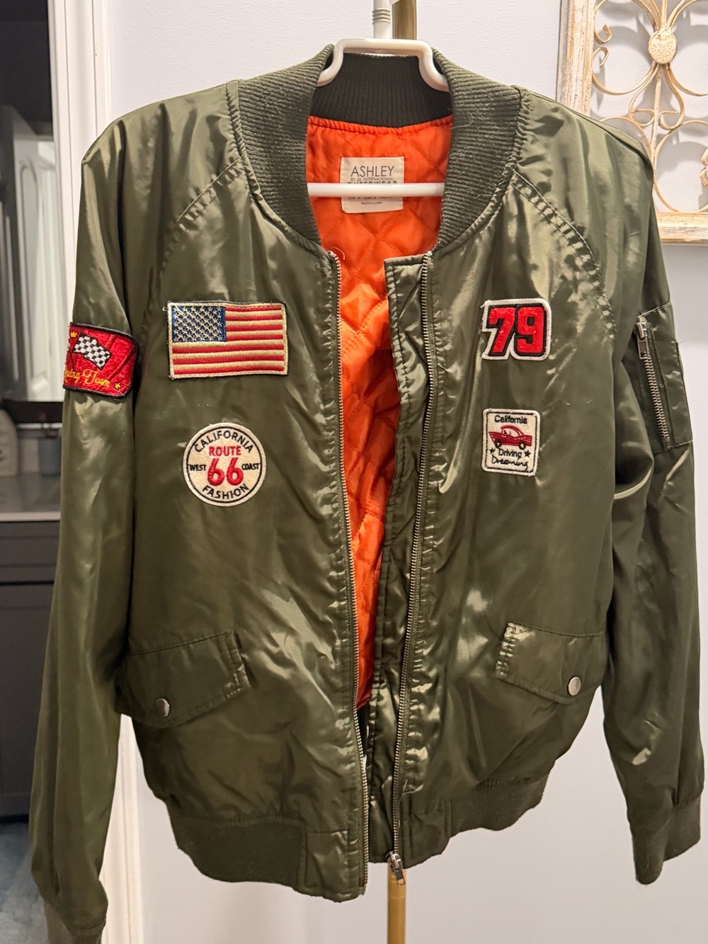 Ashley By 26 International Olive Green Bomber Jacket with Vintage Patches